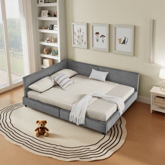 Tweepersoonsbed 140*200 cm met bekleding - zacht, huidvriendelijk fluweel - L-vormig hoekbedframe - robuuste eucalyptus- en ijzeren latten - eenvoudig te monteren - donkergrijs (zonder matras)