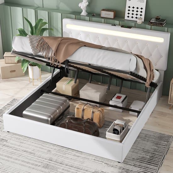 MODFU Ledikant 180x200 cm – Gestoffeerd linnen – Hydraulische opbergruimte – LED – USB & Type-C – Wit