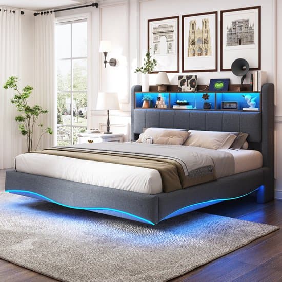MODFU Bedframe 160x200 cm – linnen grijs – zwevend ontwerp met LED, USB/Type-C en opbergruimte – modern design