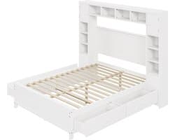 Merax Tweepersoonsbed 140x200 cm – Gestoffeerd Houten Bed met 4 Lades en Opbergkast – Inclusief Lattenbodem – Zonder Matras - Wit