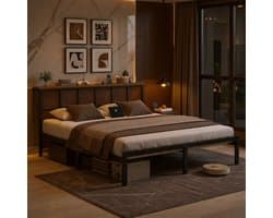 Luxe Modern 180x200 cm LED Metalen Bedframe met Oplaadstation, RGB Sfeerverlichting, Extra Sterk Lattenbodem Bed met Opbergruimte – Stabiel Tweepersoonsbed Zonder Boxspring - House&Garden