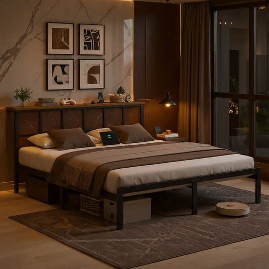 Luxe Modern 180x200 cm LED Metalen Bedframe met Oplaadstation, RGB Sfeerverlichting, Extra Sterk Lattenbodem Bed met Opbergruimte – Stabiel Tweepersoonsbed Zonder Boxspring - House&Garden