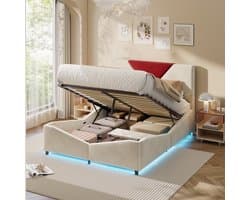 Design Fluwelen Opbergbed 140x190 Beige met Rood Geometrisch Accent en LED – Hydraulisch Bed met Opbergruimte