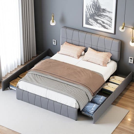 Opbergbed 160x200cm – Tweepersoonsbed met 4 Lades, Grijs Fluwelen Bekleding, Comfortabel en Stijlvol, Praktische Opslag