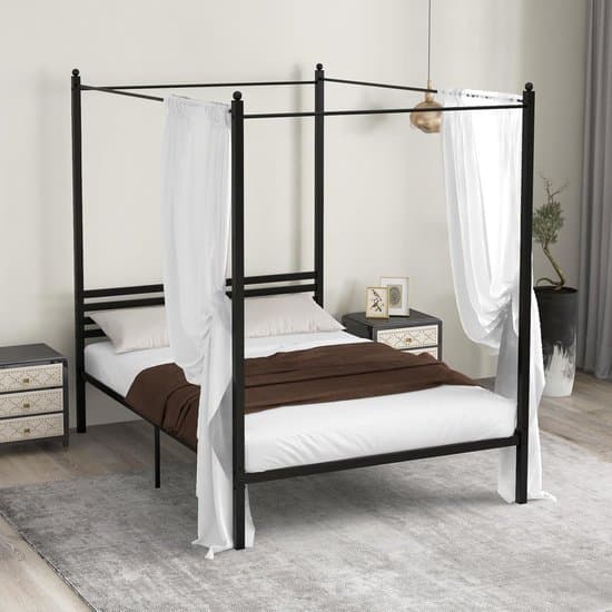 hemelbedframe 140 x 200 cm, dubbele lattenbodem, metalen dak, platformbed met geruisloze stang, opbergruimte onder het bed, draagvermogen 300 kg