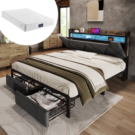 REDOM bedframe 140x200 cm – Linnen grijs – Opberghoofdeinde, 3 USB + 1 Type-C, LED – 2 lades – 200 kg
