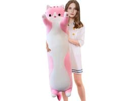 Pluche Kat Kussen - Knuffelkussen Dierenkussen - Ontspannen en Slapen - Superzacht Pluche - 110 cm - Roze