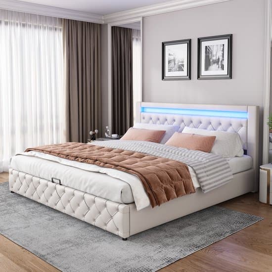 MODFU Ledikant 180x200 cm – PU wit – met opbergruimte, LED en lattenbodem – elegant design