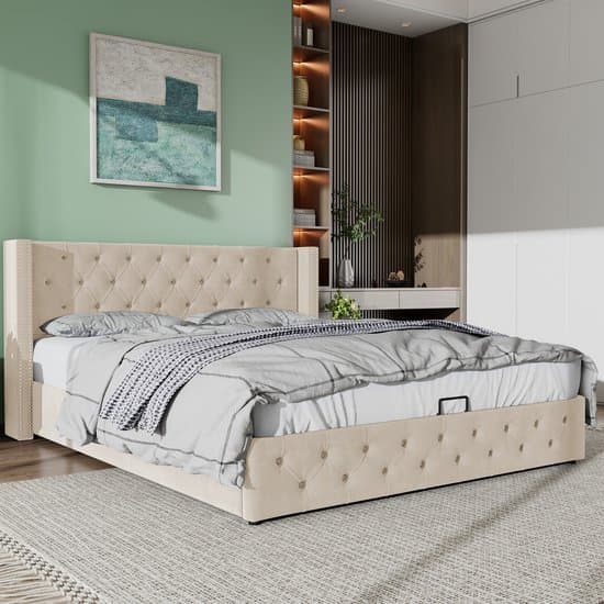 REDOM Luxe Chesterfield Opbergbed (160x200) - Gecapitonneerd Tweepersoonsbed met Gasveer - Fluweel Beige