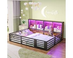 Komhtom Hemelbed, 140 x 200 cm, dagbed, platform, bedzijde met opbergvak, bed met lattenbodem (zonder matras), balustrade, metaal, zwart