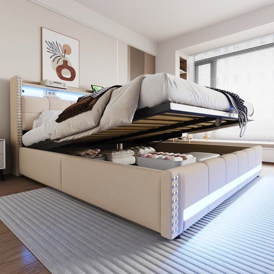 STILVORA Gestoffeerd Bed 180x200 cm - Hydraulisch Opbergbed Met LED - Hoofdeinde Met Planken En USB - Linnenstof - Zonder matras - Beige