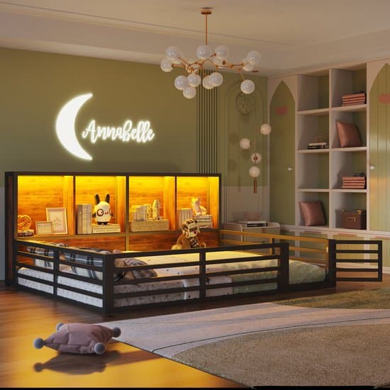 REDOM bedframe 140x200 cm – MDF + metaal zwart – Uitvalbeveiliging, LED (app), opbergvakken – 240 kg