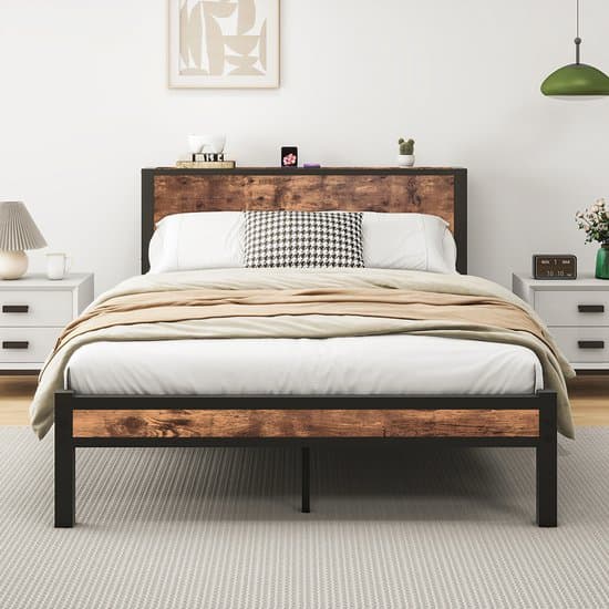 Pugsdrly 140x200 cm Metalen frame met hoofdeinde met opbergruimte, eenvoudige metalen lattenbodem, geruisloos, metalen basis, geen springveren nodig, vintage bruin