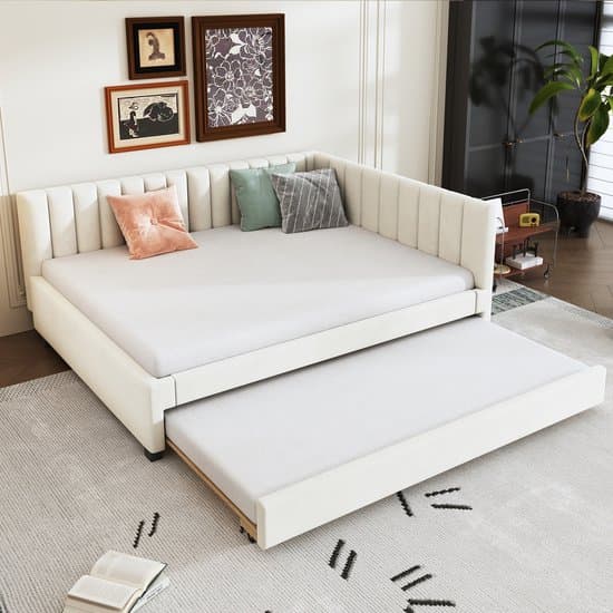 Wishdor – Slaapbank 140x200 cm – Met Uitschuifbed – Mid-Century Modern – Elegant & Flexibel – Fluweel – Beige
