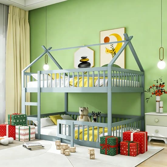 MODFU Ledikant 140x200 cm – Massief hout grijs – Hoog-laag familiebed met trap & veilig hek – 120 kg