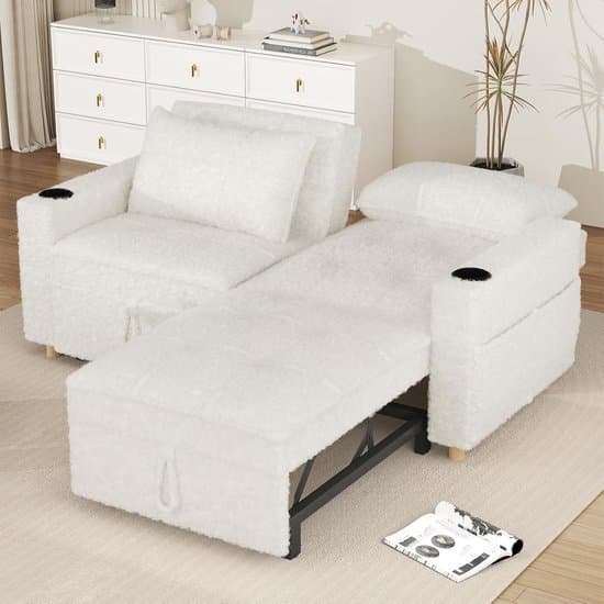 Luxe 3-in-1 Slaapbank met Verstelbare Rugleuning – Uitschuifbare Tweepersoons Sofa Bed met Kussens – Comfortabele Teddy Stof – Ideaal voor Woonkamer / Logeerkamer / Studio – Wit