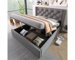 Tweepersoonsbed met opbergruimte 160x200 cm met lattenbodem van grenenhout - tweepersoonsbed, gestoffeerd - massief hout + katoen + metaal - grijs
