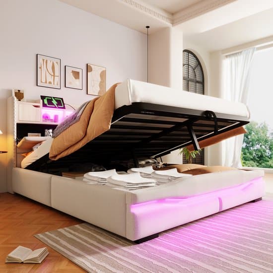 MODFU Ledikant 160x200 cm – Met hydraulische opbergruimte en app-gestuurde LED – Linnen bekleding – Beige