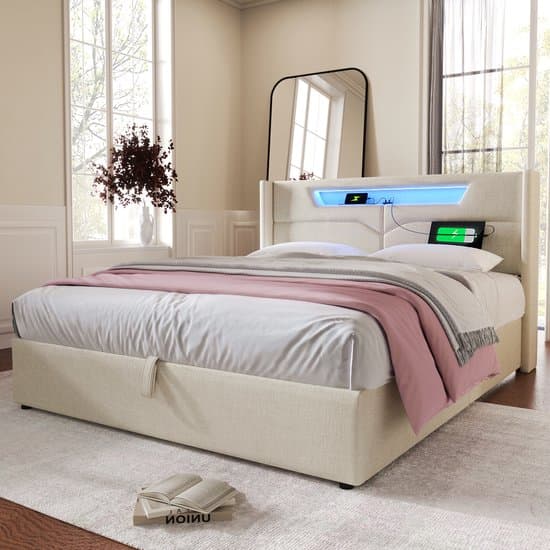 Gestoffeerd bed, tweepersoonsbed met opbergruimte, gestoffeerd bed met LED-verlichting, USB-oplaadfunctie en opbergbedframe, linnen, zonder matras, beige, 160 x 200 cm