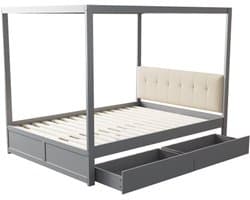 Gotagee Hemelbed 140x200 cm met grote lades en zachte rugleuning, houten bed grijs,zonder Matras