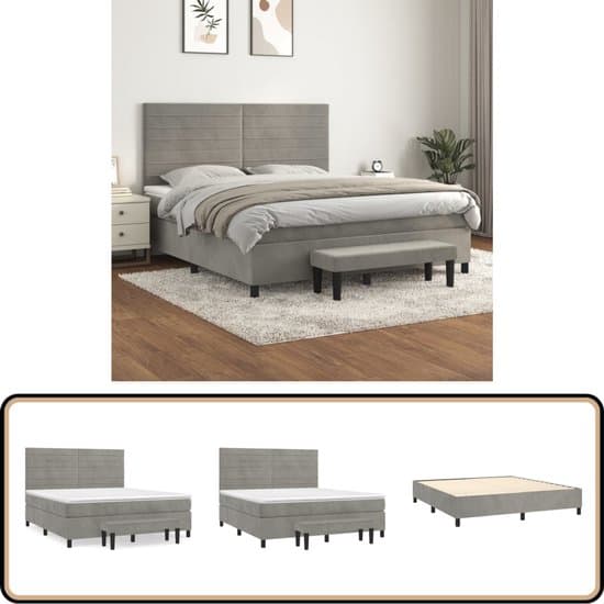 vidaXL Boxspring - Fluweel - Lichtgrijs - 160x200 cm Boxspringbed - Fluweel Bed - Pocketveer Matras - Middenhard Matras - Boxspring Set