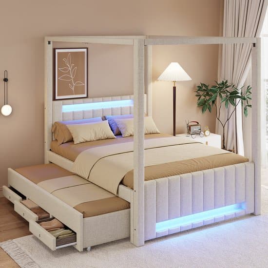 HAUSS SPOLE Hemelbed 140x200 cm - Gestoffeerd Bed Met Uitschuifbed, Led En 3 Laden - Zonder Matras - Linnen - Beige