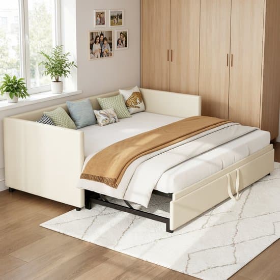 Slaapbank 90/180x200 cm – Uitschuifbaar Dagbed met Lattenbodem, 2-Persoons Logeerbed van Fluweelstof, Beige (Zonder Matras)