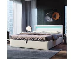 Wishdor - Gestoffeerd Ledbed Met Opbergruimte - Lattenbodem - Pu Kunstleer - Wit - 140 X 190 Cm