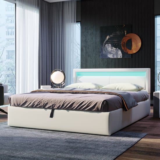 Wishdor - Gestoffeerd Ledbed Met Opbergruimte - Lattenbodem - Pu Kunstleer - Wit - 140 X 190 Cm