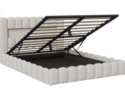 Boxspring 160x200 cm – Gestoffeerd Bed met Opbergruimte, Pneumatische Heffunctie, RGB-LED Verlichting, USB-oplaadpoorten – Modern Metalen Frame – Beige Tree Stump Stof – Casa Velluto SkyLuxe Bed