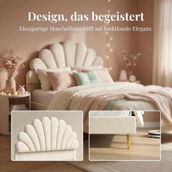 Gestoffeerd Tweepersoonsbed 140x200 cm – Luxe Fluwelen Bedframe met Bloemen Hoofdeinde & Lattenbodem – Stevig MDF Bed tot 250 kg Draagvermogen – Beige Design Bed voor Volwassenen & Tieners