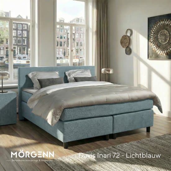 Anno 1588 - Boxspring Amsterdam - Pocketvering - IJsblauw - 180x200 cm - Inclusief Dekbed en Kussens
