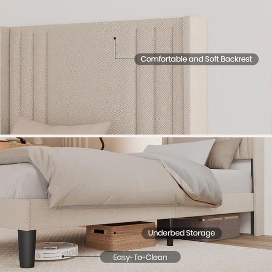 Tweepersoonsbed 120x200 cm Gestoffeerd Bedframe met Metalen Frame en Houten Lattenbodem met Opbergruimte – Modern Comfortabel Stil Design Beige – Laura