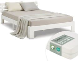 Homestyle4u Tweepersoonsbed - 120x200 cm - Houten bed - met matras en lattenbodem - Wit