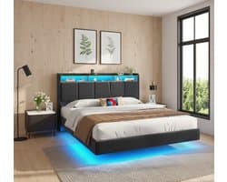 Luxe Gestoffeerd Zweefbed 180x200 cm met LED-verlichting, Hoofdeinde met Oplaadstation, Opbergruimte en Lattenbodem – Modern Tweepersoonsbed Linnen Grijs Medahomestore