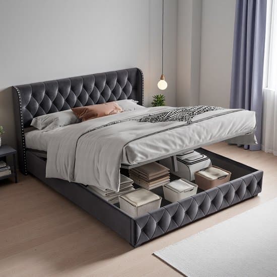 Opbergbed 160x200 cm – Tweepersoonsbed met Gaslift en Opbergruimte, Gestoffeerd Bedframe van Fluweel – Grijs