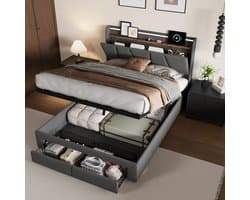 Opbergbed 140x200 cm met LED en USB, gestoffeerd tweepersoonsbed met opbergbaar hoofdeinde en 2 lades, lattenbodem, voor tieners en volwassenen, grijs linnen (zonder matras)