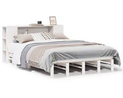 Tweepersoonsbed | Dubbelbed | Volwassenenbed | Bed met boekenkast zonder matras massief hout wit 120x200 cm