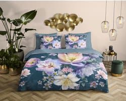 Descanso dekbedovertrek bloemen - Lits jumeaux 240x200/220 cm - Petrol - 100% Katoen satijn