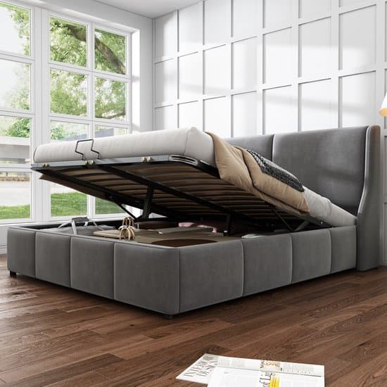 MIVRAY Gestoffeerd Bed 140x200 Cm - Tweepersoonsbed Met Hydraulische Opbergruimte - Met Lattenbodem - Fluweel - Grijs - Zonder Matras