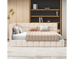 Slaapbank 160x200cm - multifunctioneel bed - verticale strepen - inclusief houten lattenbodem - beige - zonder matras