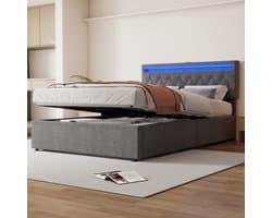 REDOM - Bed - Gestoffeerd linnen & MDF frame - Met hydraulische opbergruimte en LED-sfeerlicht - 140x200 cm grijs