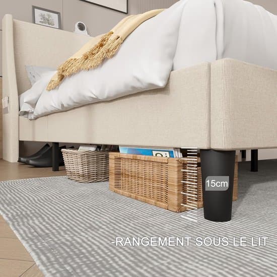 Gestoffeerd tweepersoonsbed 140x190 cm met opbergruimte, USB & Type-C oplaadstation, houten lattenbodem, stabiel metalen frame, geluidsvrij modern platformbed met linnen bekleding – Beige | Laura