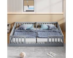Bed met paneel - 90 x 200 cm - opklapbed met armleuningen - zonder lattenbodem (zonder matras) - geschikt voor gezinnen met twee kinderen - grenenhout - minimalistische stijl - grijs