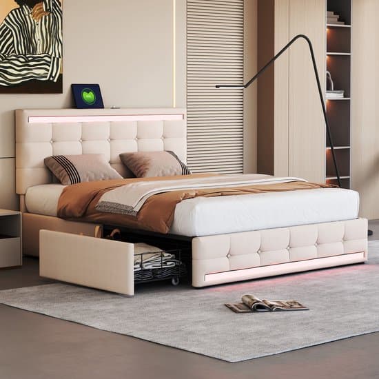 Wishdor – Gestoffeerd Bedframe 140x200 cm – Met LED & 2 USB – Inclusief 4 Opbergladen – Compleet & Stijlvol – Linnen – Beige