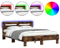 Tweepersoonsbed | Dubbelbed | Volwassenenbed | Bedframe met hoofdeinde en LED gerookt eikenkleurig 120x200 cm