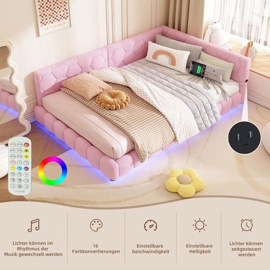 Dagbed Slaapbank 140x200 cm Roze Fluweel – Slaapbank met Lattenbodem & MDF Frame, Modern Kinder-, Tiener- en Logeerbed 200 kg Draagkracht