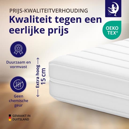 Matras - 140x190 - 7 zones - koudschuim - premium tijk - Allergievriendelijk - 15 cm hoog - Gemiddeld
