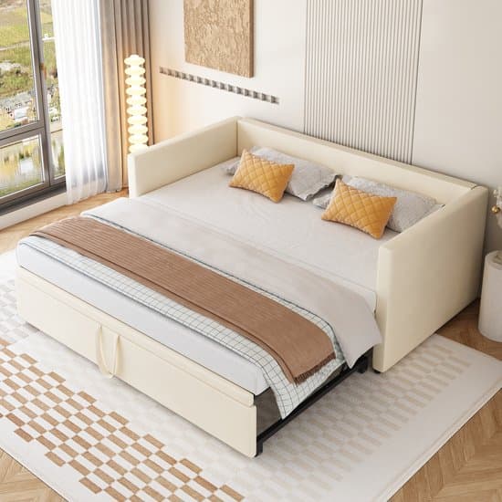 Wishdor - Uitschuifbare Slaapbank - Met Lattenbodem - Modern - Voor Logeerkamer - Fluweel - Beige - 90 X 200/180 X 200 Cm