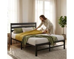 MODFU Modern tweepersoonsbed 140x200 cm zwart met metalen frame en lattenbodem, stevig en minimalistisch design